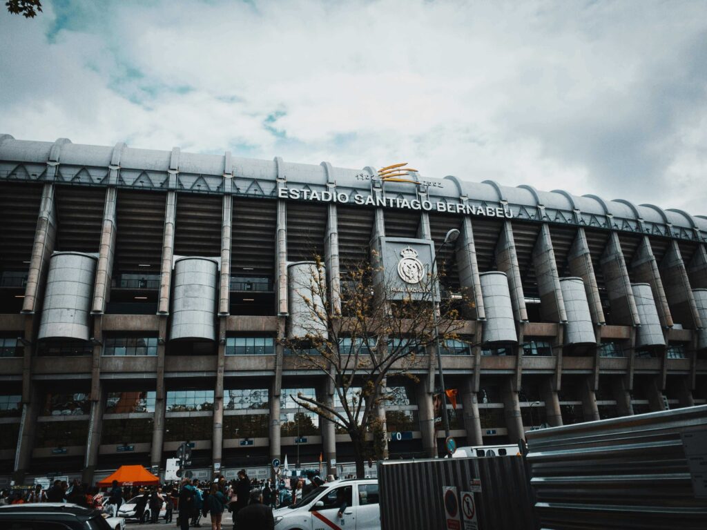Exterior view of Santiago Bernabéu Stadium, home of Real Madrid.